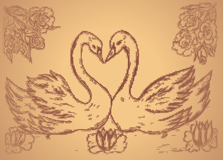 Grunge sketch of two swans in the pond, abstract illustration.のイラスト素材