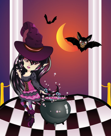 Cartoon witch girl with bats on balcony with checkered floor.のイラスト素材