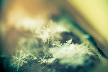 Extremely close up image of snowflakes, vintage photo effect.の写真素材