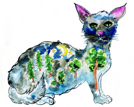 Bizarre cat silhouette illustration with night forest inside.