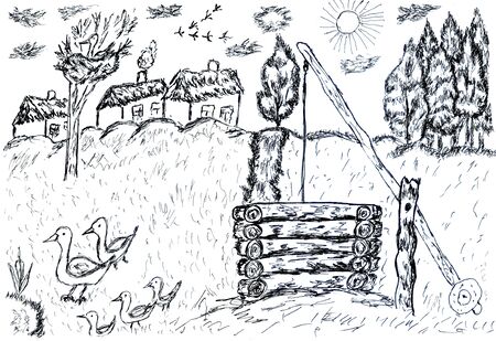 Simple black and white sketch of countryside landscape.の写真素材