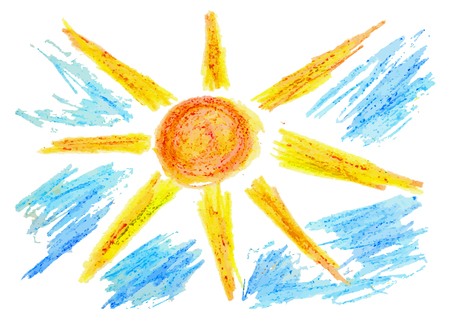 Stylized hand drawn illustration of the sun with clouds.のイラスト素材