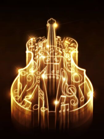 Violin silhouette made from music notes on background with glowing sparks.の写真素材