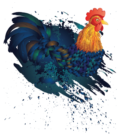 Cartoon rooster illustration with grunge ink splatters.のイラスト素材
