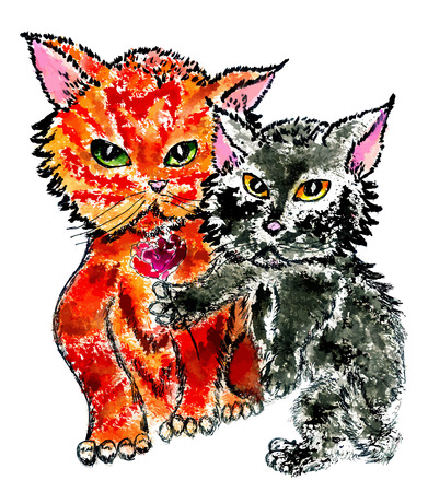 Two cute kittens of red and black color, watercolor painted illustration.のイラスト素材