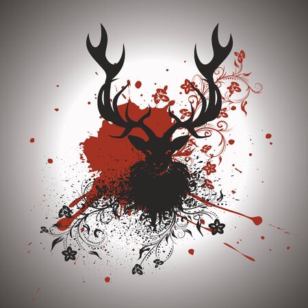 Grunge stylized deer with big antlers and floral, abstract illustration.のイラスト素材