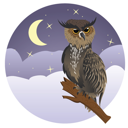 Cartoon great horned owl on a tree branch.のイラスト素材