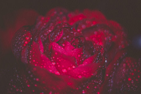 Red rose in water drops, shallow focus, vintage photo effect with paper texture.
