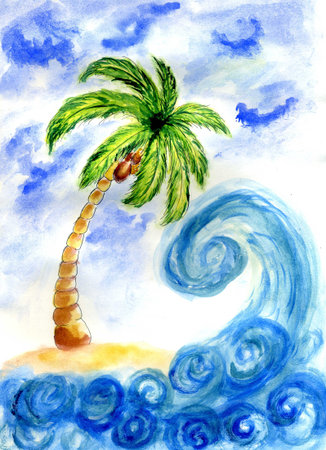 Painted watercolor tropical landscape, sea and beach with palm tree.の写真素材
