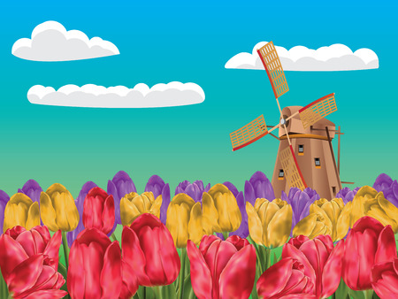 Cartoon landscape with a traditional windmill and tulip flowers.のイラスト素材
