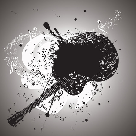 Grunge poster with stylized guitar and music notes.のイラスト素材
