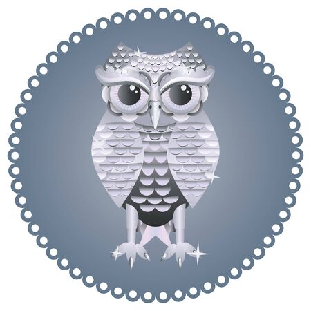 Decorative metal owl illustration, cute owl made of silver.のイラスト素材