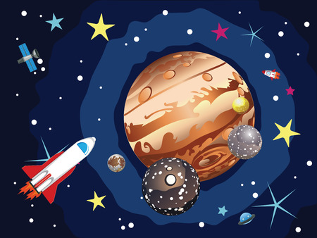 Cartoon planet Jupiter in the space with stars and shuttles.のイラスト素材