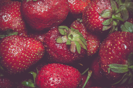Fresh ripe strawberries background, vintage photo effect.の写真素材