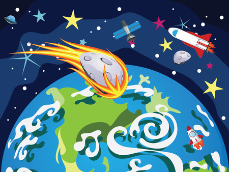 Cartoon planet Earth in open space with satellites.のイラスト素材