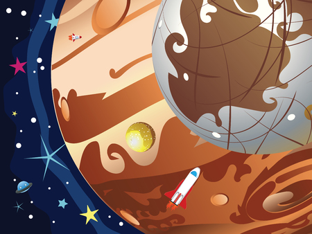 Cartoon planet Jupiter in the space with stars and shuttles.のイラスト素材