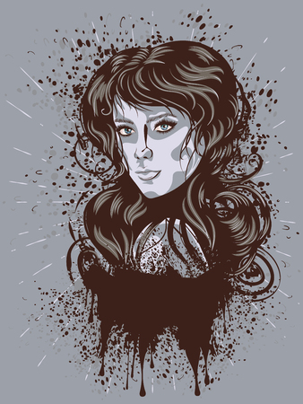 Vintage portrait of a girl with grunge splatters.のイラスト素材