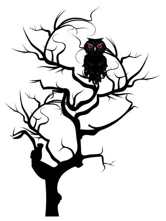 Cartoon black owl with red eyes, detailed silhouette.のイラスト素材