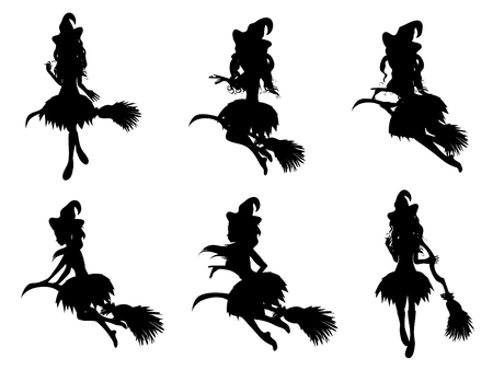 Stylized silhouettes of the Halloween witch on a broomstick.のイラスト素材