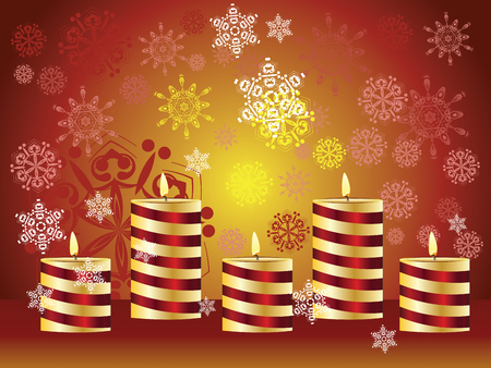 Decorative snowflakes and candle over red background.のイラスト素材