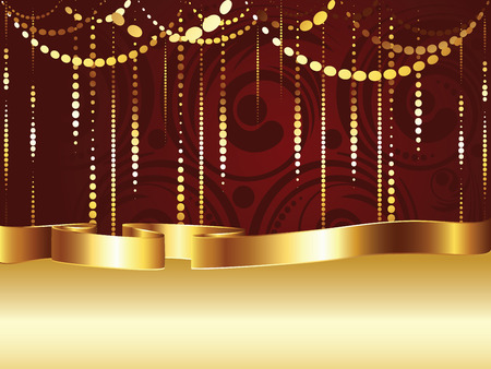 Decorative background with golden ribbon and floral swirls.のイラスト素材