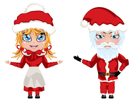 Cute cartoon Santa and Mrs Claus in red Christmas suits.のイラスト素材