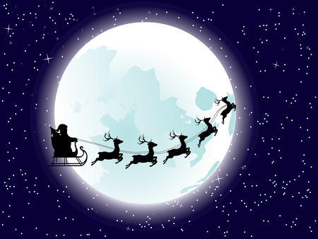 Cartoon Santa Claus silhouette riding a sleigh with stylized deers in front of the full moon.のイラスト素材