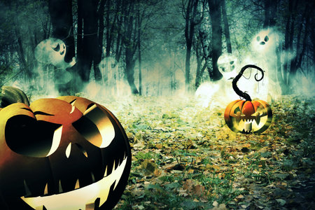 Mysterious dark forest with foggy ghosts and halloween pumpkin.