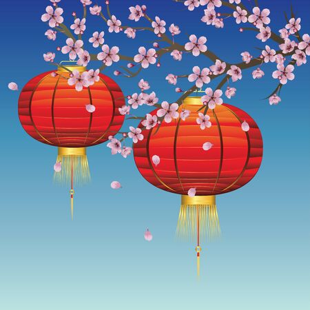 Paper chinese lantern on branch of blooming sakura.のイラスト素材