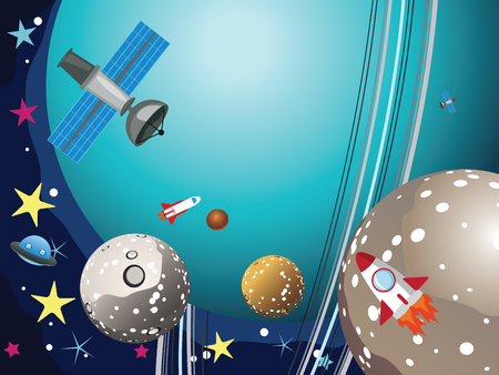 Cartoon planet Uranus in the space with stars and shuttles.のイラスト素材