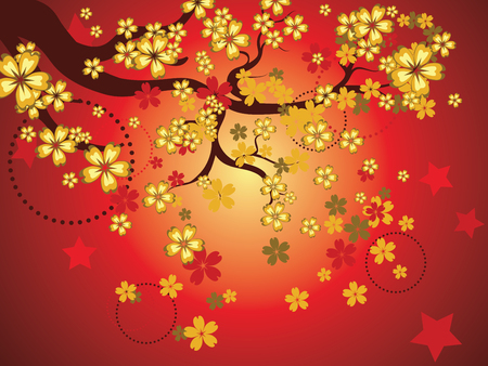 Red background with decorative cherry blossom, sakura branch.のイラスト素材