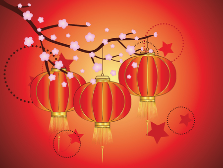 Paper chinese lantern on branch of blooming sakura.のイラスト素材