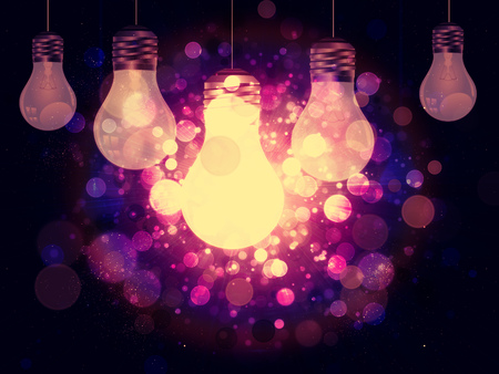 Sparkling background with bokeh effect and cartoon light bulb.の写真素材