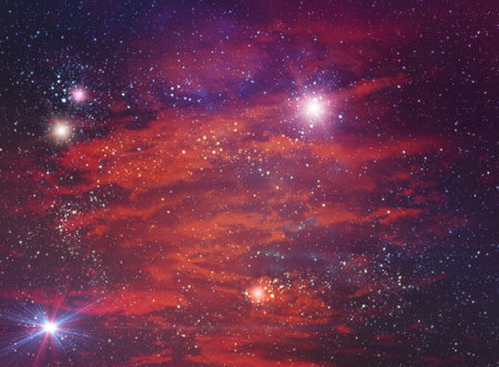 Dark space background with clouds and stars.