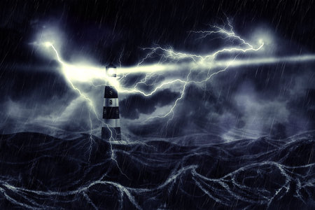 Lighthouse illuminated at night stormy sea in thunderstorm, digital illustration.