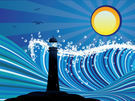 Blue stylized sea with big waves and lighthouse.のイラスト素材