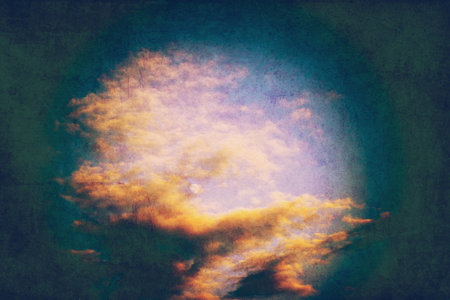 Summer sky with white clouds, vintage natural background with paper texture.