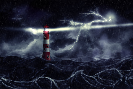 Lighthouse illuminated at night stormy sea in thunderstorm, digital illustration.の写真素材