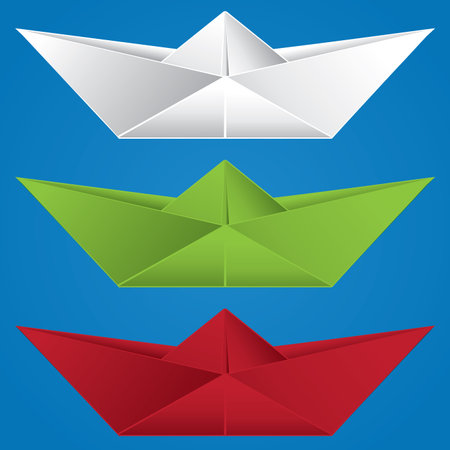 White, green and red paper boats over blue background.のイラスト素材