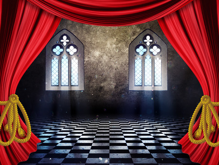 Room with opened drapes, curtains and gothic window background.の写真素材