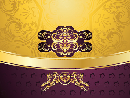 Vintage purple background with decorative gold ribbon and floral ornament.のイラスト素材