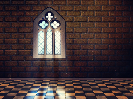 Illustration of an abstract grunge interior with gothic window.の写真素材