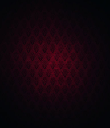Dark red background with decorative floral pattern.