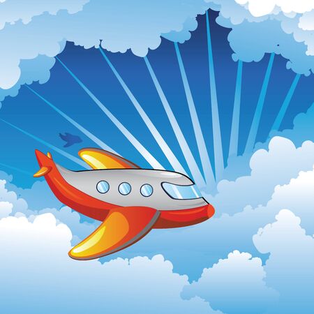 Cartoon airplane on a blue sky with clouds, travel background.のイラスト素材
