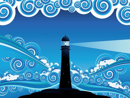 Blue stylized sea with big waves and lighthouse.のイラスト素材