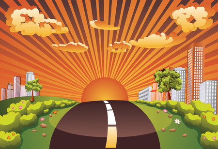 Summer green landscape with road to the city.のイラスト素材