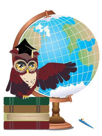 Cartoon wise owl with globe and stack of books.のイラスト素材