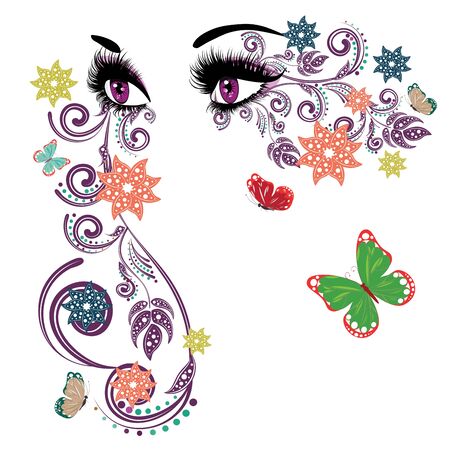 Female eyes with summer floral makeup, long eyelashes and butterflies.のイラスト素材