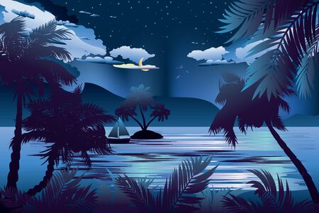 Night tropical sea landscape, boat and palm island silhouette.のイラスト素材