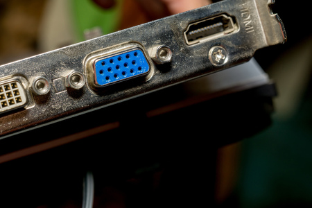 Video card with VGA and DVI connectors close up background.のeditorial素材